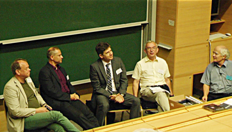 Round-table discussion, participants (from left to right): Hannu Salmi (University of Helsinki, Finland), Zsolt Fülöp (Institute for Nuclear Research, Debrecen, Hungary), Attila Aszódi (University of Technology and Economics, Budapest), David Featonby (Science on Stage Europe, United Kingdom), László Egyed (moderator of the discussion)